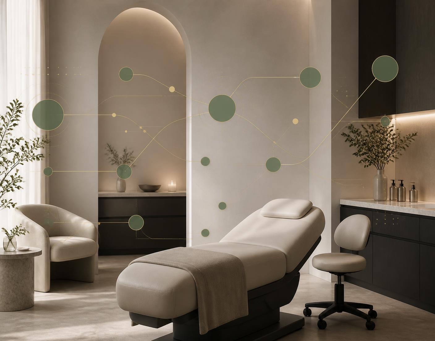 Med-spa treatment room overlaid with an AI system data-flow diagram
